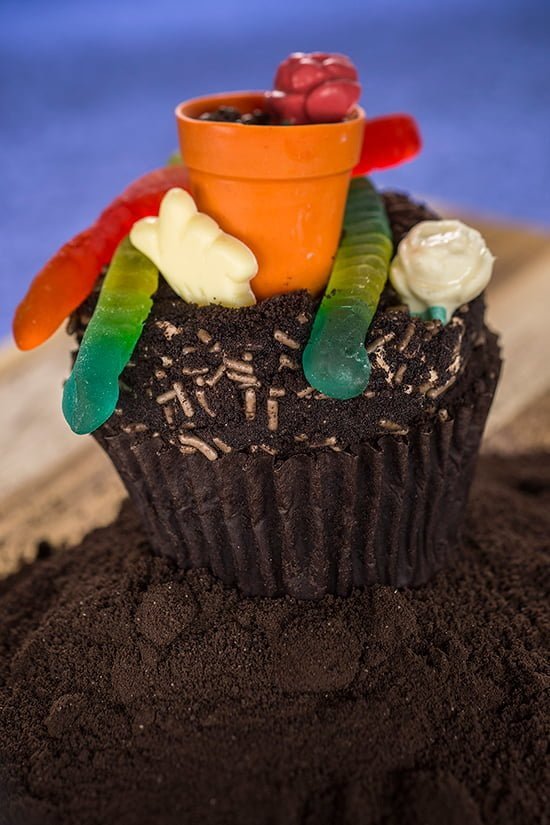 Cupcake Worms & Dirt, coberto com um vaso de flores e gomas em forma de minhoca